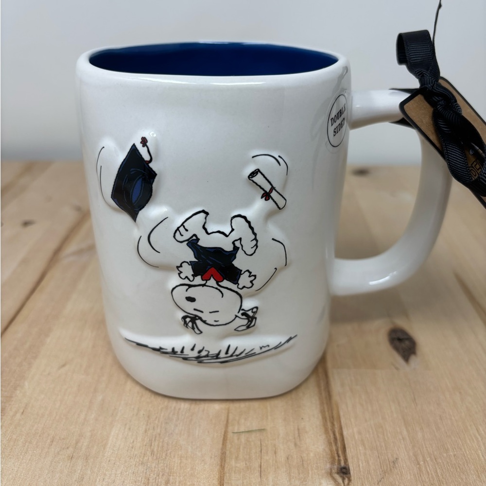 Rae Dunn DREAM BIG Snoopy Peanuts Mug White Ceramic with  Blue Interior New